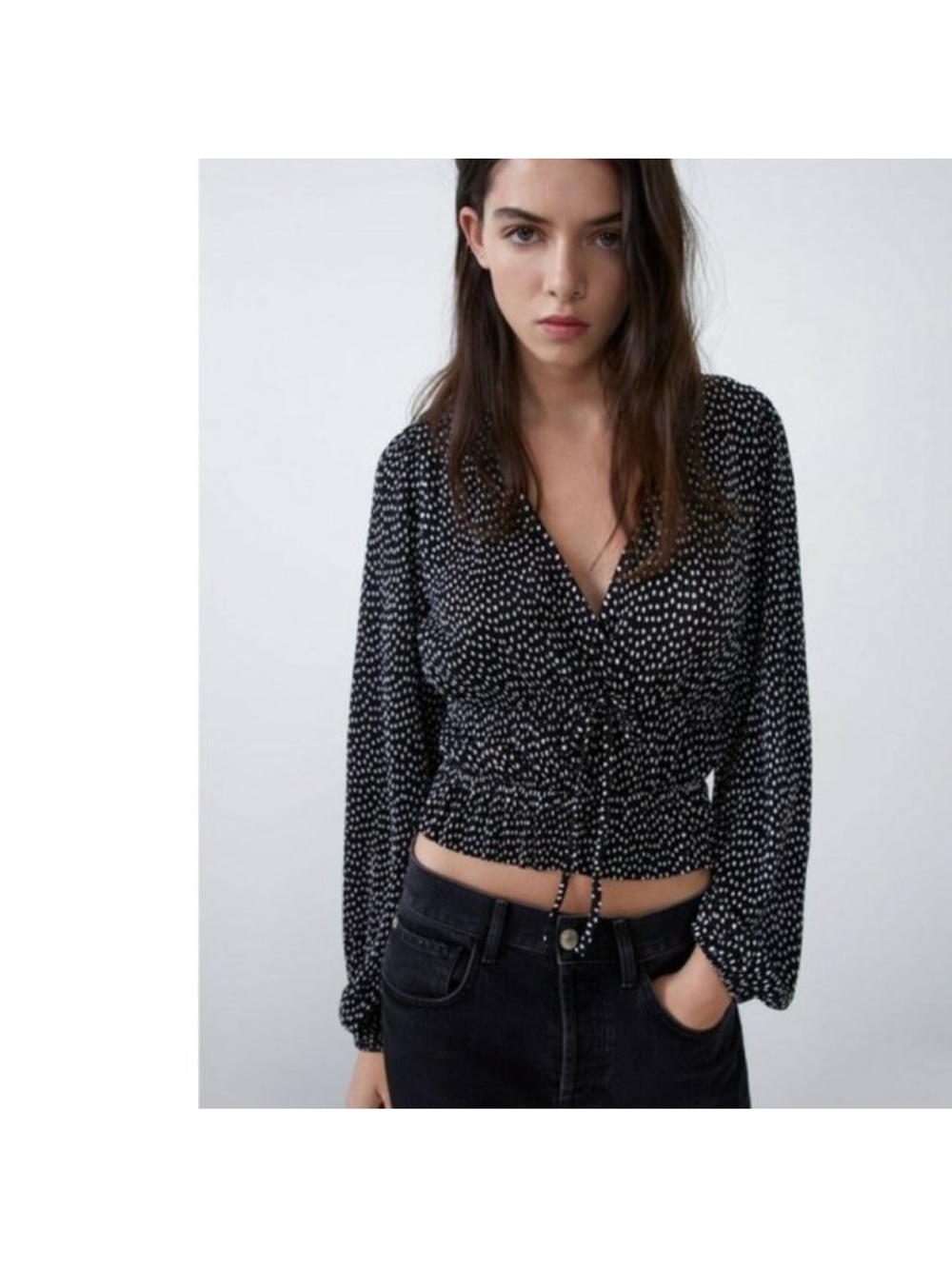 Zara Polka Dot Plunge V-Neck Top Sz L Black White Balloon Sleeve
